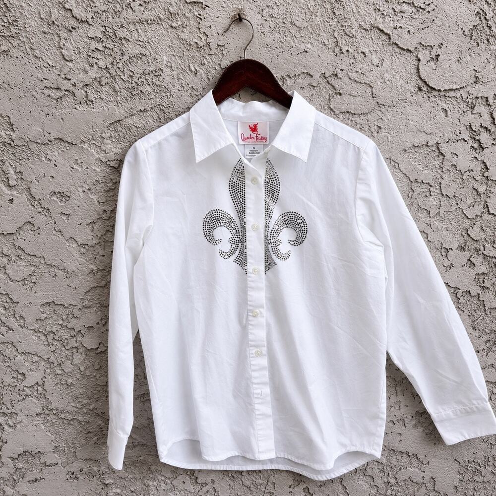 Quacker Factory Rhinestone Fleur De Lis Button Down Shirt Women’s S